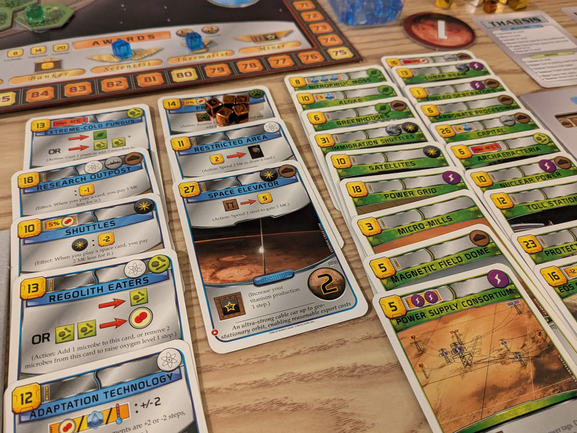 Closeup of the project cards in Terraforming Mars.